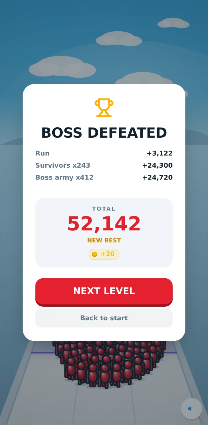 The Boss Defeated score card with tokens earned