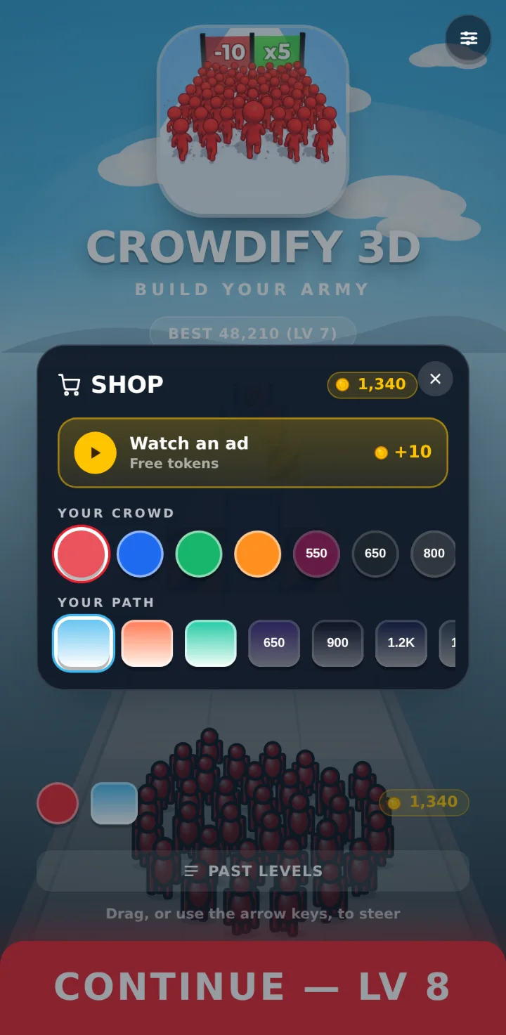 The in-game shop, with crowd colors, path themes and a Watch an ad button